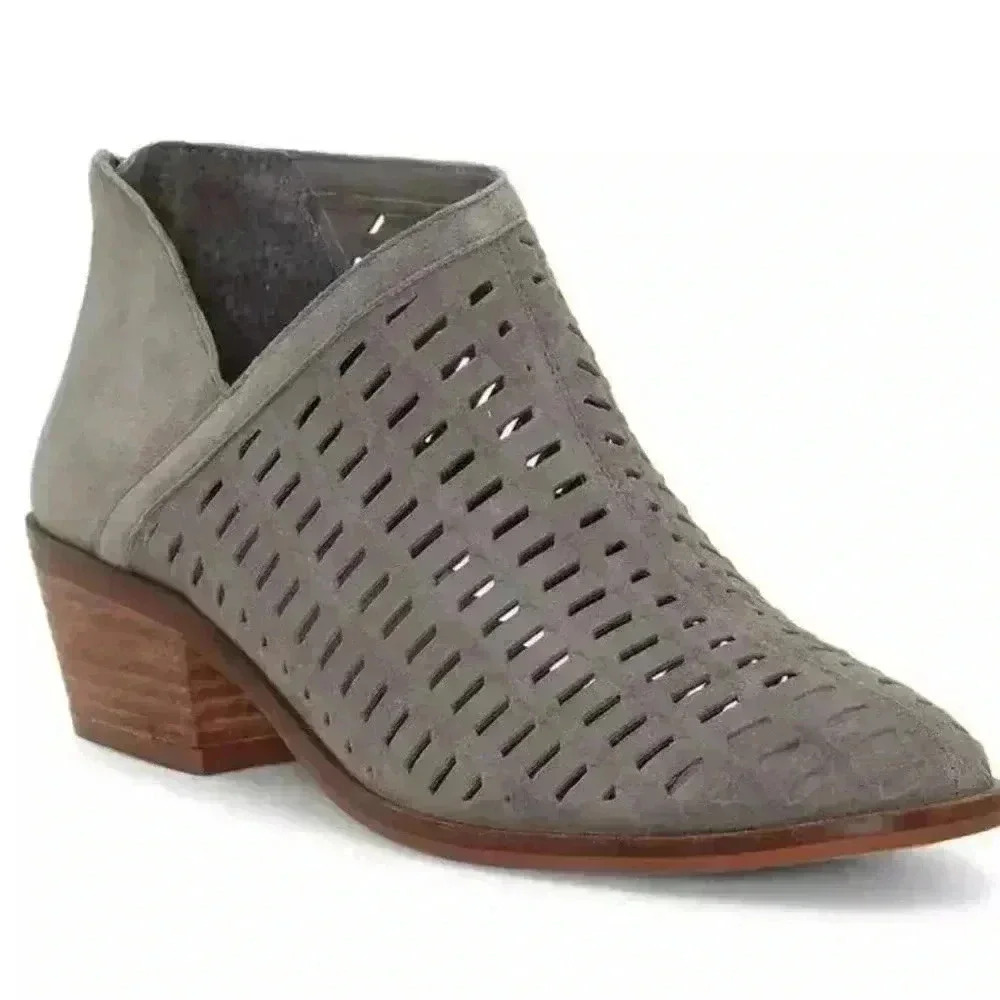 Vince Camuto women's Pekkan Perforated Suede Booties in Graystone, size 8.5